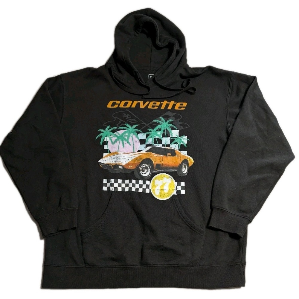 Corvette 1977 C3 Hoodie Mens 1X Black Retro Car Graphic Sweatshirt GM